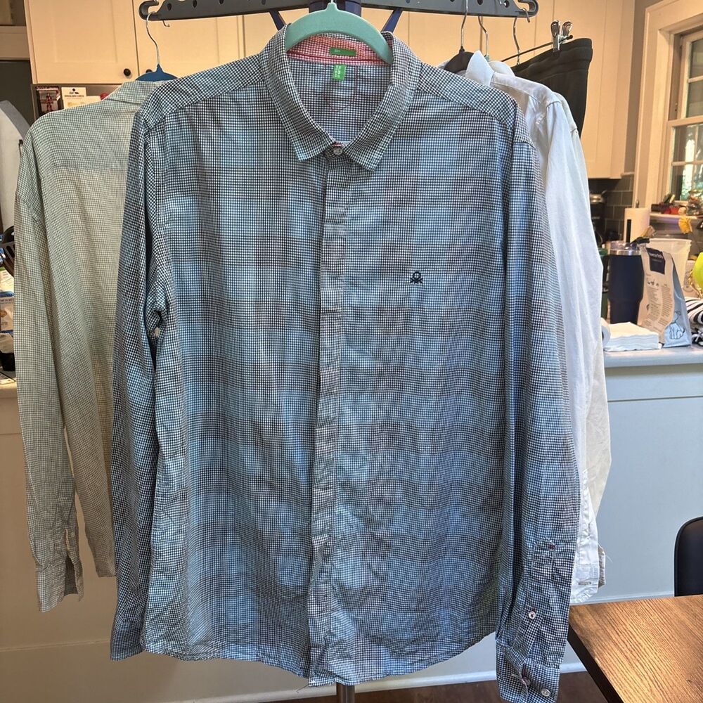 United Colors of Benetton Cotton Gingham button-up shirt Size XL RED WHITE BLUE